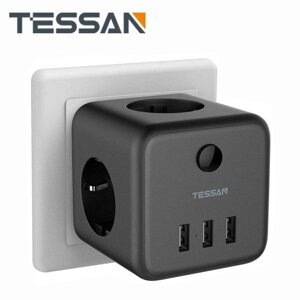 Tessan Чорна USB-розетка, стандартні трійники 6 в 1 з 3 USB-портами, багаторозетковий концентратор з перемикачем під