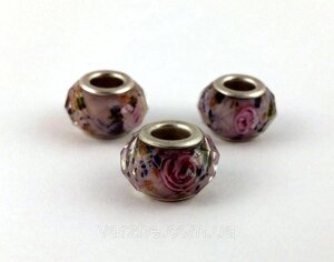 8 шт Намистина в стилі "Pandora", грановане скло з фіолетовою трояндою, 13 мм Код/Артикул 192 PS-0025