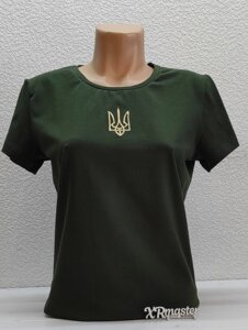 Футболка з вишивкою жіноча Тризуб на зеленому, футболка вишивка, футболка вишиванка, футболка з вишиванкою, футболка