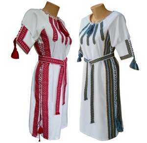Підліткове вишите плаття з поясом у білому кольорі з геометричним орнаментом Код/Артикул 64 02021