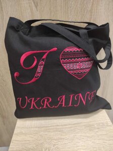 Сумка Шоппер з вишивкою I Ukraine на чорному, еко сумка для покупок, шопер, сумка з вишиванкою, сумка для покупок вишита