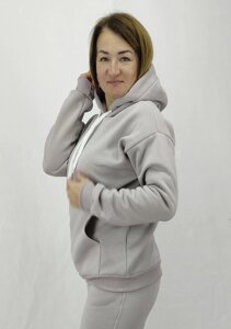 Спортивне жіноче худі світло сірого кольору на флісі з капюшоном XL, XXL, 3XL сезон ОСІНЬ/ЗИМА Код/Артикул 64 11220