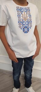 Дитяча футболка патріотична з вишивкою Патріот 1 на білому, футболка вишивка, футболка вишиванка, футболка з вишиванкою