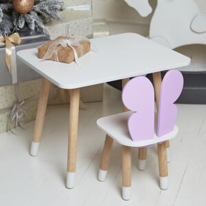 Дитячий білий прямокутний стіл та стільчик фіолетовий метелик з білим сидінням. Дитячий білий столик Код/Артикул 115
