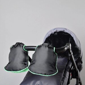 Муфта рукавички роздільні, на коляску / санки, універсальна, для рук, зелений плюш мінкі (колір - чорний) Код/Артикул