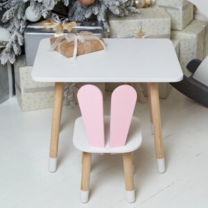 Прямокутний стіл і стільчик дитячий рожевий зайчик з білим сидінням. Столик білий дитячий Код/Артикул 115 23042