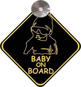 Знак на авто "BABY ON BOARD" (МОДНИЙ, ЧОРНИЙ) на присосці зйомний Код/Артикул 173 Код/Артикул 173 Код/Артикул 173