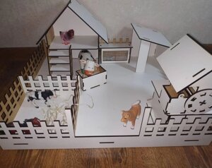 Дитяча дерев'яна самозбірна іграшкова ферма для тварин з парканом, з криницею, з курятником, із фанери Код/Артикул 52 33