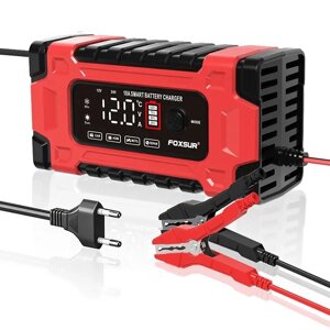 Імпульсний зарядний пристрій Foxsur 12 V 10 A (червоний) для авто/мото акумуляторів Код/Артикул 13