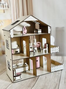 Дерев'яний самозбірний рожевий іграшковий будиночок для ляльок з террасою, комплектом меблів Код/Артикул 52 21