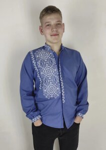 Підліткова вишиванка для хлопця на синьому домотканому полотні Код/Артикул 64 11247