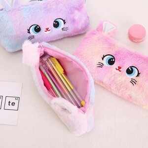 Kawaii мультфільм милий кіт плюшевий чохол пенал на блискавці пухнастий великої ємності сумка для шкільних ручок