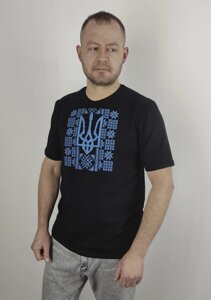 Патріотичні футболки чорного кольору вишиті хрестиком ТРИЗУБ + ОРНАМЕНТ Код/Артикул 64 12147
