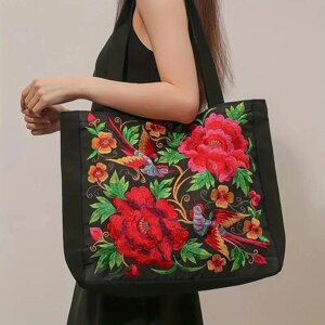 Yogodlns Сумка-тоут з полотна з квітковою вишивкою, сумка через плече в етнічному стилі, сумка великої ємності