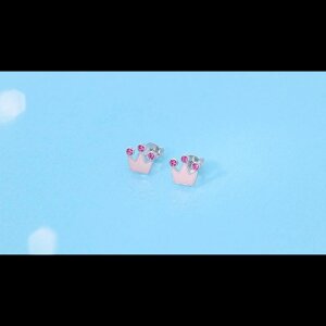 Гіпоалергенні сережки-гвоздики з рожевою короною зі стерлінгового срібла 925 проби для маленьких дівчаток та дітей с