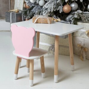 Прямокутний стіл і стільчик рожевий дитячий ведмежа з білим сидінням. Столик білий дитячий Код/Артикул 115 24411