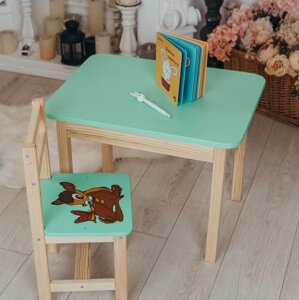 Дитячий стіл із шухлядою і стілець м'ятний із зображенням оленя. Для гри, навчання, малювання. Код/Артикул 115