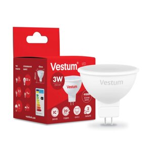 3 шт Світлодіодна лампа Vestum MR16 3W 4100K 220V GU5.3 1-VS-1501 Код/Артикул 45 1-VS-1501