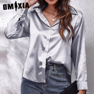 GMXIA Жіночі модні повсякденні однотонні блузки та сорочки-поло з довгим рукавом із принтом