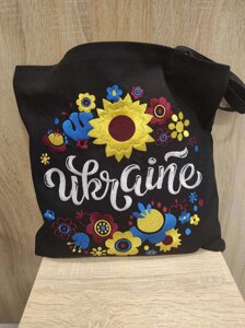 Сумка Шоппер з вишивкою Ukraine на чорному, еко сумка для покупок, шопер, сумка з вишиванкою, сумка для покупок вишита