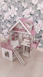 Дерев'яний дитячий самозбірний ляльковий будиночок для ляльок з меблями, з терасою, з балконом і зі сходами Код/Артикул