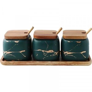 Набір керамічних банок для приправ на дерев'яній підставці зелений Код/Артикул 0330-2