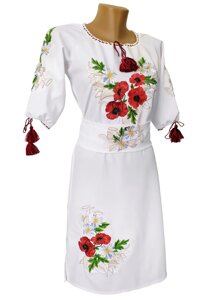 Підліткове вишите плаття для дівчини в білому кольорі в етностичному стилі «Мак ромашка» Код/Артикул 64 01031
