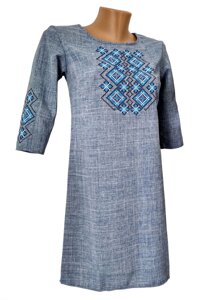 Коротке жіноче вишите плаття в синьому кольорі з геометричним орнаментом Код/Артикул 64 01042