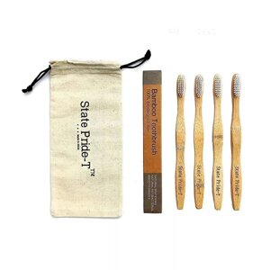 Бамбукові біорозкладні зубні щітки з бавовняним мішечком (4 шт), Bamboo White Toothbrush with Cotton Pouch, State Під