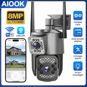 AIOOK 8MP 4K WIFI камера з двома об'єктивами, вулична бездротова IP-камера, інфрачервона камера нічного бачення, AI