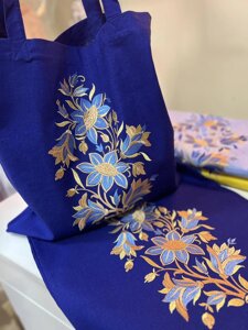 Сумка Шопер з вишивкою Весняні дзвіночки на синьому льоні, еко сумка для покупок, шопер, сумка з вишиванкою, сумка для