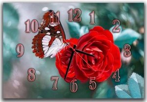 Годинник настінний для студії, настінний годинник у передпокій, стильний настінний годинник Метелик і червона троянда