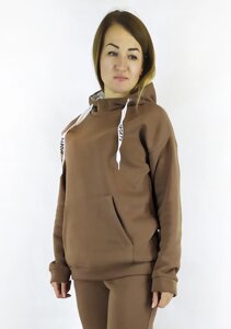 Повсякденна жіноча кофта-худі кольору Мокко на флісі з капюшоном S,M,L із кишенями Код/Артикул 64 11080