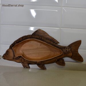 Тарілка під рибу Карп Дзеркальний різьблена дерев'яна. Розмір 10 х 20 см. Код/Артикул 142 216