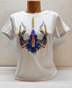 Футболка з вишивкою жіноча Квітуча Україна на білому, футболка вишивка, футболка вишиванка, футболка з Код/Артикул 115