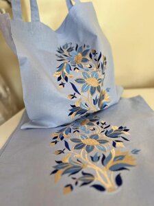 Сумка Шопер з вишивкою Весняні дзвіночки на голубому льоні, еко сумка для покупок, шопер, сумка з вишиванкою, сумка для