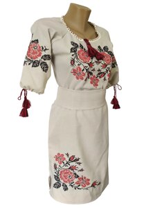 Стильна вишита жіноча сукня середньої довжини із рукавом 3/4 «Троянди» Код/Артикул 64 01143