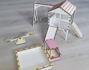 Дерев'яний ляльковий дитячий майданчик для ляльок, самозбірна гойдалка, пісочниця та гірка для Лол, з ХДФ Код/Артикул 21