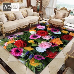 Барвистий килим зі свіжими квітами для спальні, великий килим для залу з романтичним квітковим 3D килимом для підлоги