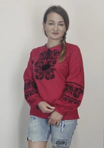 Борщівська жіноча вишиванка на довгий рукав на червоному домотканому полотні Код/Артикул 64 11281