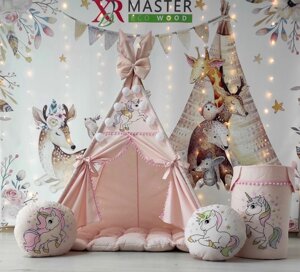 Вігвам БОН БОН Веселі єдинороги на пудрі + кошик для іграшок. Повний комплект Код/Артикул 0000623