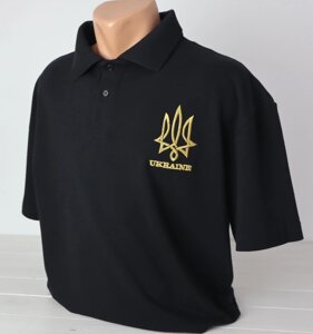 Чоловіча футболка Поло з вишивкою Золотий Тризуб тканина Лакоста, футболка вишивка, футболка поло вишита, футболка з