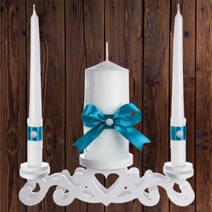 Набір весільних свічок "Сімейне вогнище" бірюзовий колір прикраси (арт. CAND-13) Код/Артикул 84 CAND-13
