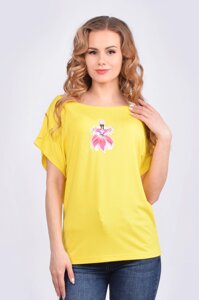 Жіноча футболка на одне плече з малюнком дівчина, жовта Код / Артикул 24 115, жовтий