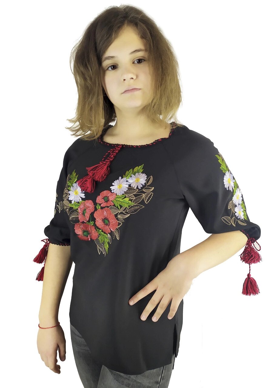 Підліткова вишита жіноча сорочка на чорному полотні Код/Артикул 64 07037 від компанії greencard - фото 1