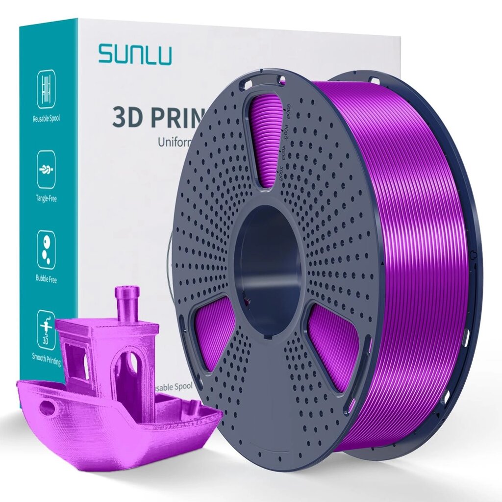 Пластик/филамент для 3D-печати SUNLU Silk PLA+  Purple (04740811Z), Reusable Spool, 1.75mm, 1kg, 205-235 / Фіолетовий від компанії greencard - фото 1