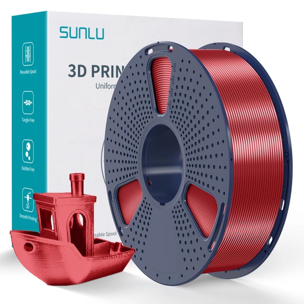 Пластик/филамент для 3D-печати SUNLU Silk PLA+  Red (09940606E), Reusable Spool, 1.75mm, 1kg, 205-235 / Червоний від компанії greencard - фото 1