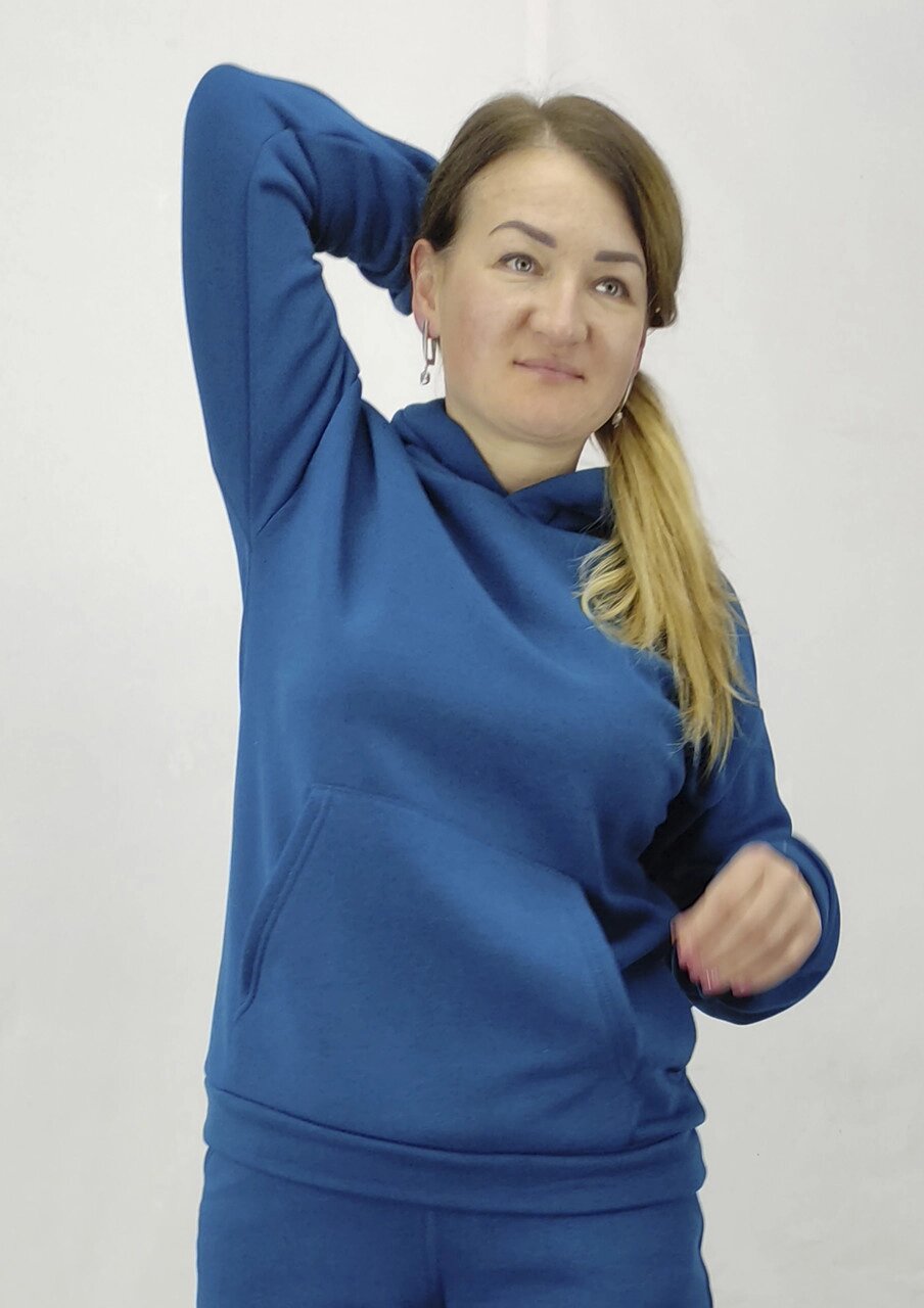 Повсякденна жіноча кофта-худі кольору морська хвиля на флісі з капюшоном S,M,L із кишенями Код/Артикул 64 11235 від компанії greencard - фото 1
