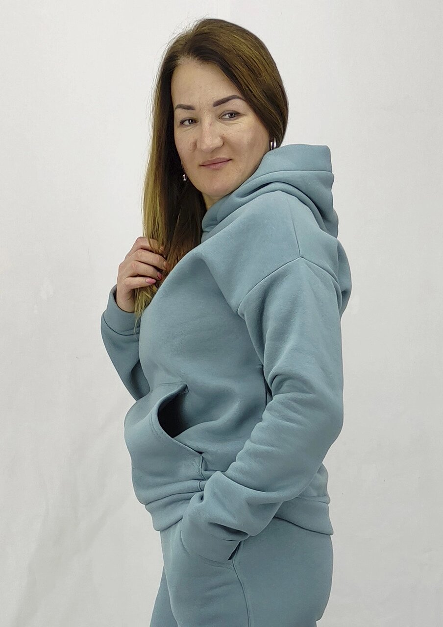 Повсякденна жіноча кофта-худі кольору темно голубого на флісі з капюшоном S,M,L із кишенями Код/Артикул 64 11225 від компанії greencard - фото 1