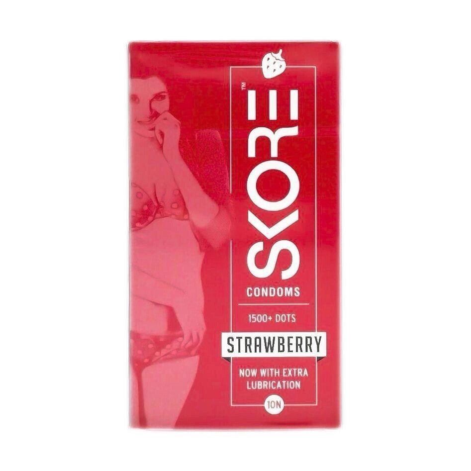 Презервативи точкові з ароматом Полуниці (10 шт.), Strawberry Flavoured Dotted Colored Condoms,  Skore Під замовлення з  від компанії greencard - фото 1